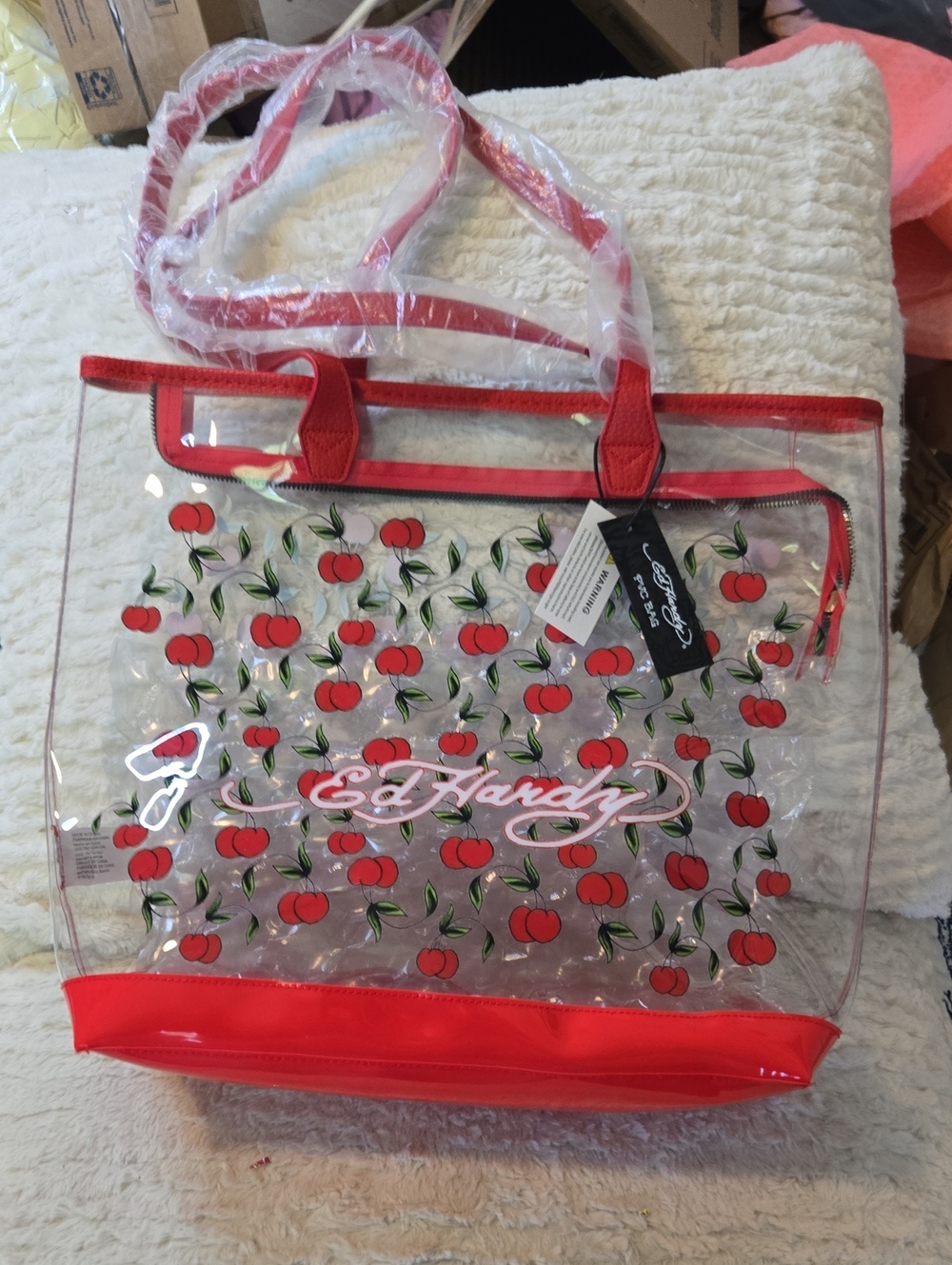 Ed Hardy Clear Tote with Red Cherry Print NWT